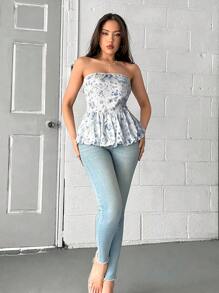 SHEIN Privé Top tubo elegante y sencillo con estampado floral y volante en el dobladillo, adecuado para el té de la tarde, fiestas, vacaciones