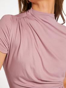 BizChic Women's Slim Fit Casual Solid Color Stand Collar Ruched Short Sleeve T-Shirt, Elegant Office Wear - Dusty Pink - View 8