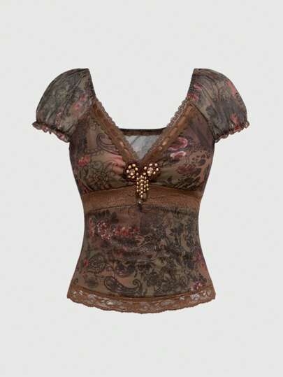 Grunge Punk Vintage Paisley Lace Patchwork Ribbon Trim Ruffle Hem Puff Sleeve Boho Blouse