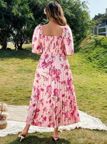 Franclia Vestido estampado de talle alto y plisado elegante francés para mujer talla grande
