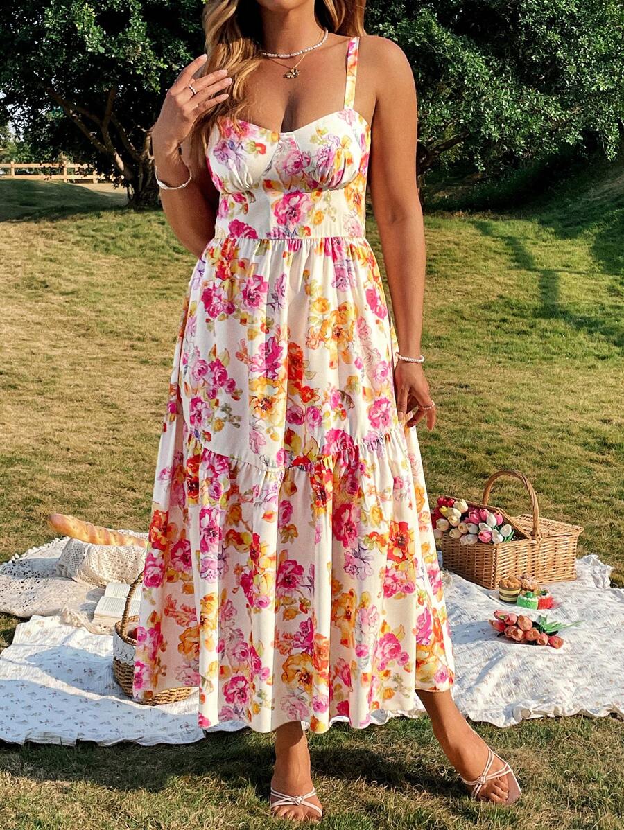 Flirla Plus Size Women Floral Print Ruffle Hem Patchwork Dress, For Spring - Multicolor - View 1