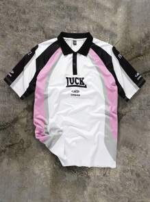 Manfinity Campus Court Áo thun polo tay ngắn in chữ màu tương phản dành cho nam đi làm thường ngày - Hồng - Xem 1