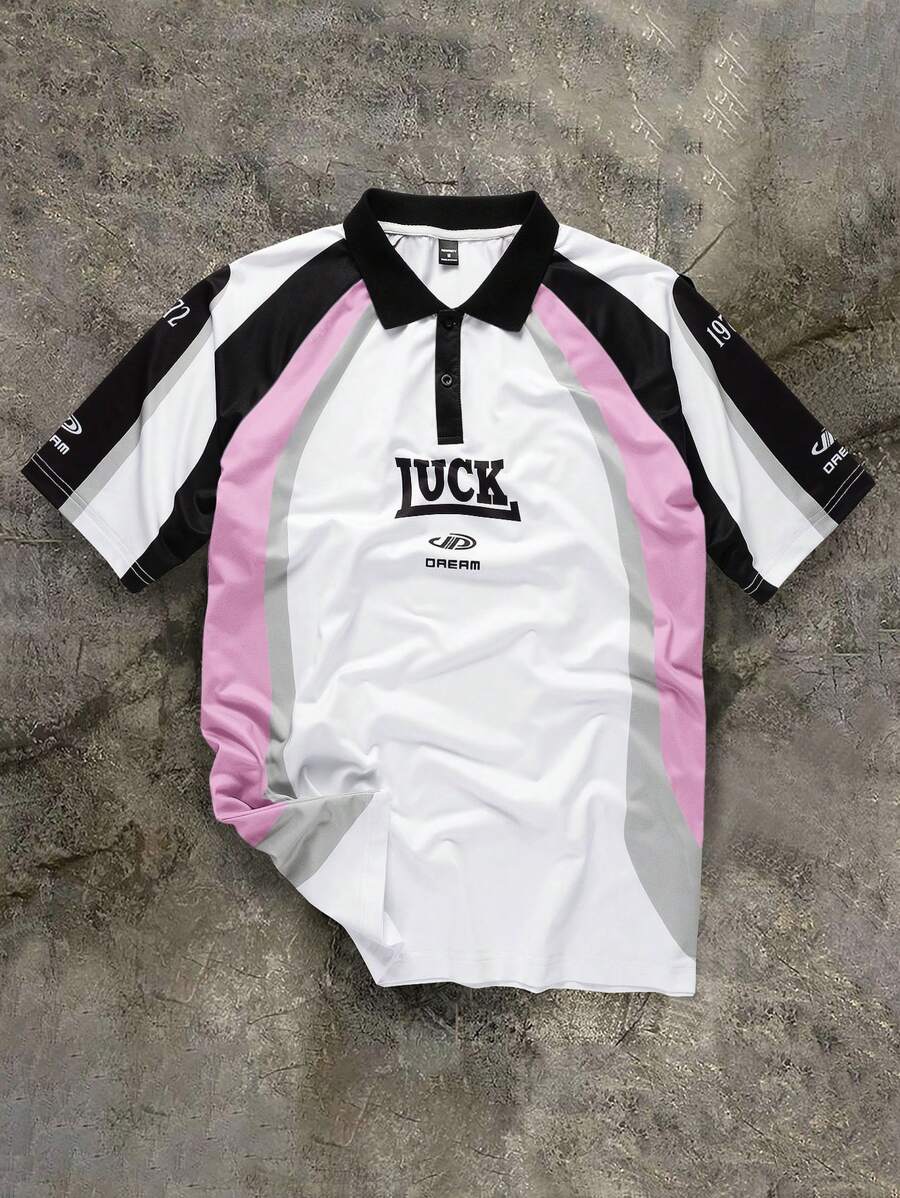 Manfinity Campus Court Áo thun polo tay ngắn in chữ màu tương phản dành cho nam đi làm thường ngày - Hồng - Xem 1