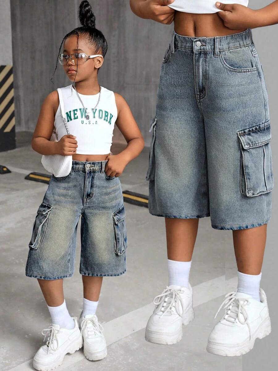 SHEIN Pantalones cortos informales de mezclilla azul vintage para niñas preadolescentes