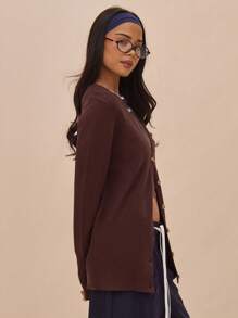 MUSERA Knit Longline Plunge V-Neck Button Down Long Sleeve Cardigan Spring  Chic - Coffee Brown - View 4