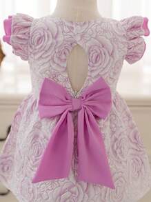 SHEIN Glamorique Kids Toddler Girls' Spring And Summer Colorblock Double Layer Cap Sleeve Hollow Back Rose Jacquard Dress - Mauve Purple - View 3