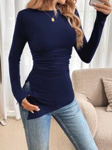 SHEIN LUNE 女式黑色紧身褶饰镂空天鹅绒 T 恤（秋季款）