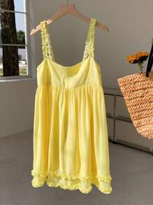 Comfortcana Women's Summer Vacation Casual Solid Color Spaghetti Strap Ruffle Mini Dress Sundress - Yellow - View 5
