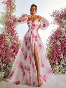 Glamrae Vestido elegante, lujoso, recatado, para primavera y verano, con estampado floral rosa en organza, mangas abullonadas, hombros descubiertos, cintura de espiga, cintura ajustada, aberturas altas, silueta de línea A extra larga con cola, ideal para vacaciones, invitada de boda, baile de graduación, fiesta de cumpleaños, cena formal, vestido de noche, vestido de gala - Rosa - Ver 4