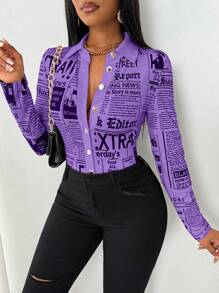 SHEIN LUNE Áo sơ mi bó sát in hình báo thời trang nữ - Màu tím - Xem 8
