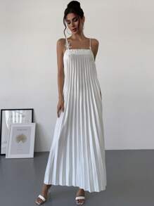Firerie Women Elegant White Sleeveless Floral Embroidered Pleated Dress, Suitable For Parties And Weddings