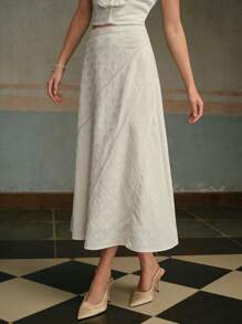 ZEYLAH Women's Textured Jacquard Diagonal Patchwork Seam A-Line Midi Skirt, Summer White Skirt - White - View 4