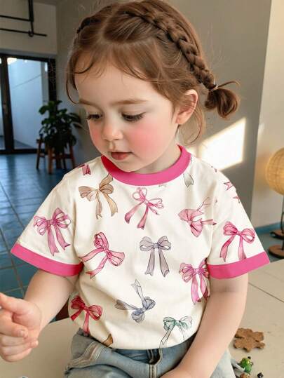 SHEIN Leap Crew Cute Colorful Bowknot Print Pink Casual Minimalist Round Neck Short Sleeve T-Shirt For Young Girls, Suitable For Summer