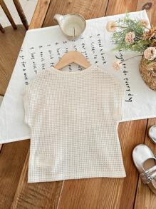 SHEIN LMoss Kids Fashionable Round Neck T-Shirt With Knitted 3D Floral Decor For Young Girls - Apricot - View 2
