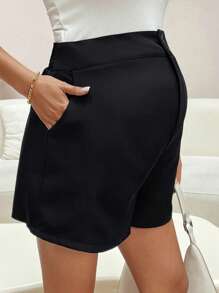 SHEIN Maternity Simple Solid Color Button Elastic Waist Shorts - Black - View 5