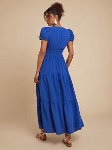 Travachic 女式褶皱 V 领蓝色泡泡袖连衣裙、休闲度假装、度假夏季沙滩装、女士连衣裙、女士度假装 - 藍色 - 查看 2