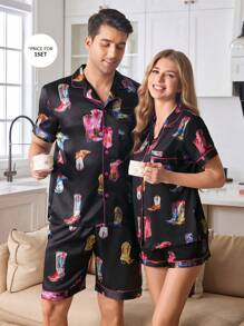 CoupledUp Cute & Interesting Western Style Satin Collar Men's Pajama Set - Multicolor - View 7