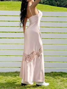 SHEIN EZwear Elegant New Off-Shoulder Lace Patchwork Spaghetti Strap Dress, Sexy Open Back Lace-Up Slim Fit Slit Dress - Pink - View 2