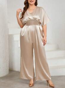 SHEIN Privé Jumpsuit Wanita Ukuran Besar dengan Detail Berkilau dan Kaki Lebar, Warna Aprikot - Aprikot - View 4