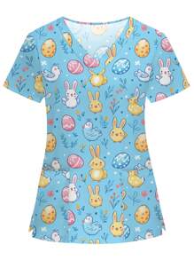 PopScrub Easter Colorful Cartoon Pattern Blue Hand Wash Clothes Cartoon Rabbit Short Sleeve Nurse Uniform Top  Animal Cartoon Pattern Short Sleeve V Neck Double Pocket Top Nurse Women's Top Scrub Top Print V Neck Frosted Scrub Top, Casual Short Sleeve Work Wear, Women Sweetheart V-Neck Ruched Blouse, Women Short Sleeve V-Neck Nurse Uniform Shirt With 2 Pockets, Soft Stretchy Ruched Graphic Tee - Blue - View 5