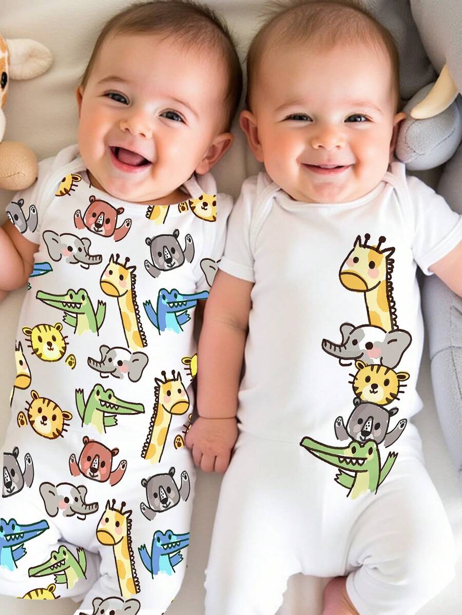 SHEIN 婴儿（男孩）圆领卡通印花短袖休闲连体裤 - 彩色 - 查看 1
