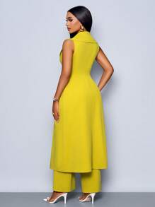 SOLERSUN Women Solid Color Casual Shawl Collar Button Front Sleeveless Long Blouse With Wide Leg Pants Elegant Daily Commuting Spring /Summer Sets Clothes Vacation & Dating Two-Piece Set