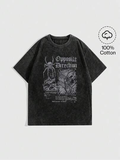 Grunge Punk T-shirt con grafica teschio e slogan, stampa a direzione opposta, per la scuola