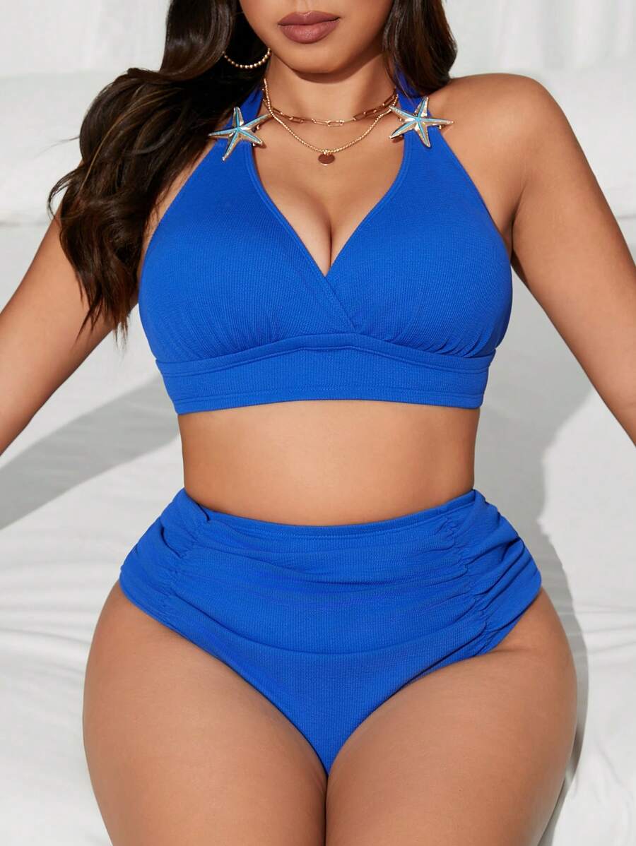 SHEIN Swim Curve Women Plus Size 2pcs Solid Color High Waist Simple Bikini Swimwear Set For Summer Beach Vacation - Blue - View 1