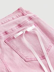 SHEIN MOD Plus Size Women's Pink Jeans Romantic Bell Bottoms Comfortable Stretch Denim Back Bow Summer Jeans  Flared Jeans For Women