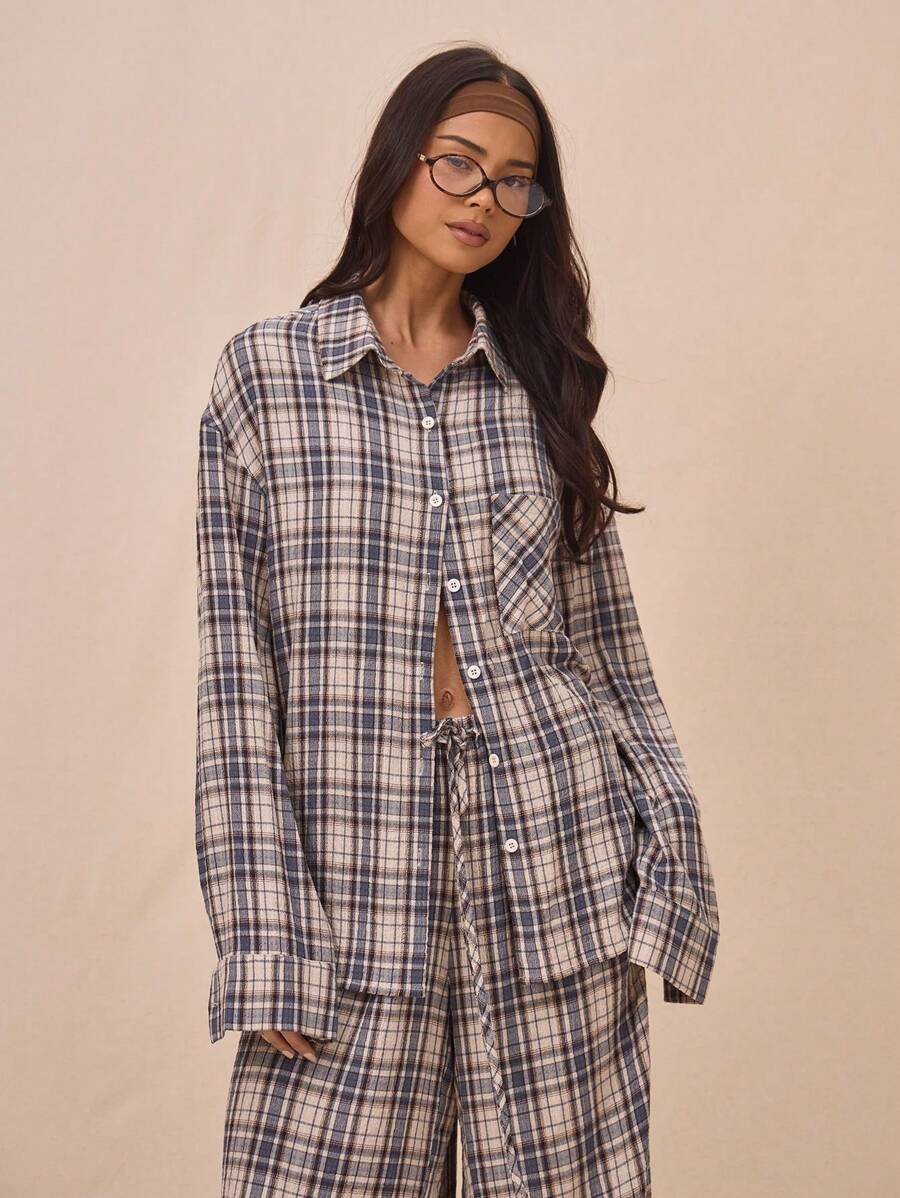 MUSERA 宽松版型格纹翻领纽扣长袖法兰绒老爹衬衫 春季街头风 90年代 - 彩色 - 查看 1