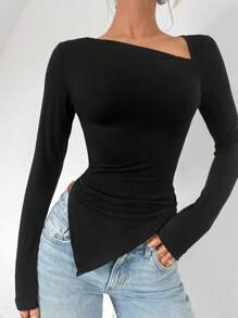 SHEIN PETITE Solid Color Asymmetrical Long Sleeve Fitted T-Shirt, Fashionable Commute Top Fall Cloth For Women - Black - View 1