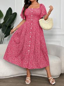 SHEIN Clasi Plus Size Women's Ditsy Floral Print Square Collar Buttoned Dress Maxi Women Outfit - Hot Pink - View 3