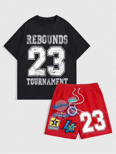 Prep Conjunto de 2 piezas, top de manga corta de cuello redondo casual con estampado de letras y shorts para hombre