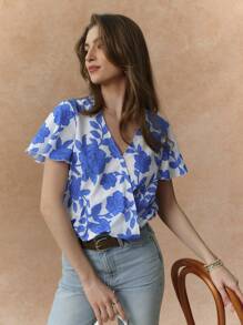 Écloséra Body con estampado floral y diseño cruzado en el cuello para mujer - Azul - Ver 5