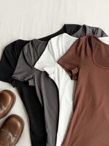 Comfortcana Áo thun nữ 4 món cổ vuông tay ngắn mùa hè, đơn sắc, thời trang mùa hè cho nữ - Nhiều màu - Xem 7