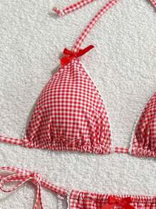 SHEIN Swim Women Random Plaid Print Spaghetti Strap Bow Ruffle Hem Cute Bikini Set, Beach Summer Bathing Suit Outfit - Pink - View 3