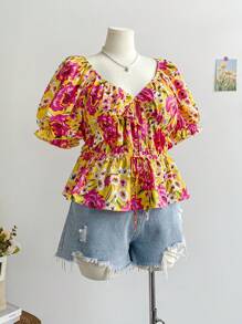 Soleia Plus Size Women Puff Sleeve Top, Vacation Bowknot Hollow Tropical Floral Print, Spring & Summer - Multicolor - View 7