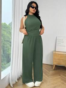 Solflare 2pcs Plus Size Women Olive Green Fitted Tank Top And Pants Set - Army Green - View 5
