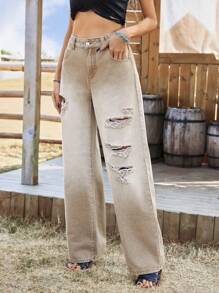 Breezaya Gradient Ripped Pocket Zip Wide-Leg Jeans, Suitable For Everyday Wear - Yellow - View 4