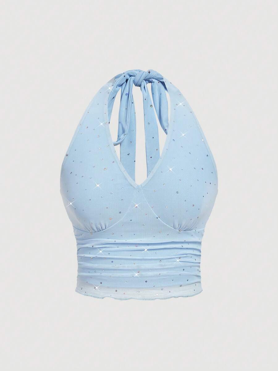 SHEIN MOD 女士水钻装饰褶饰修身挂脖背心 - 淺藍色 - 查看 1