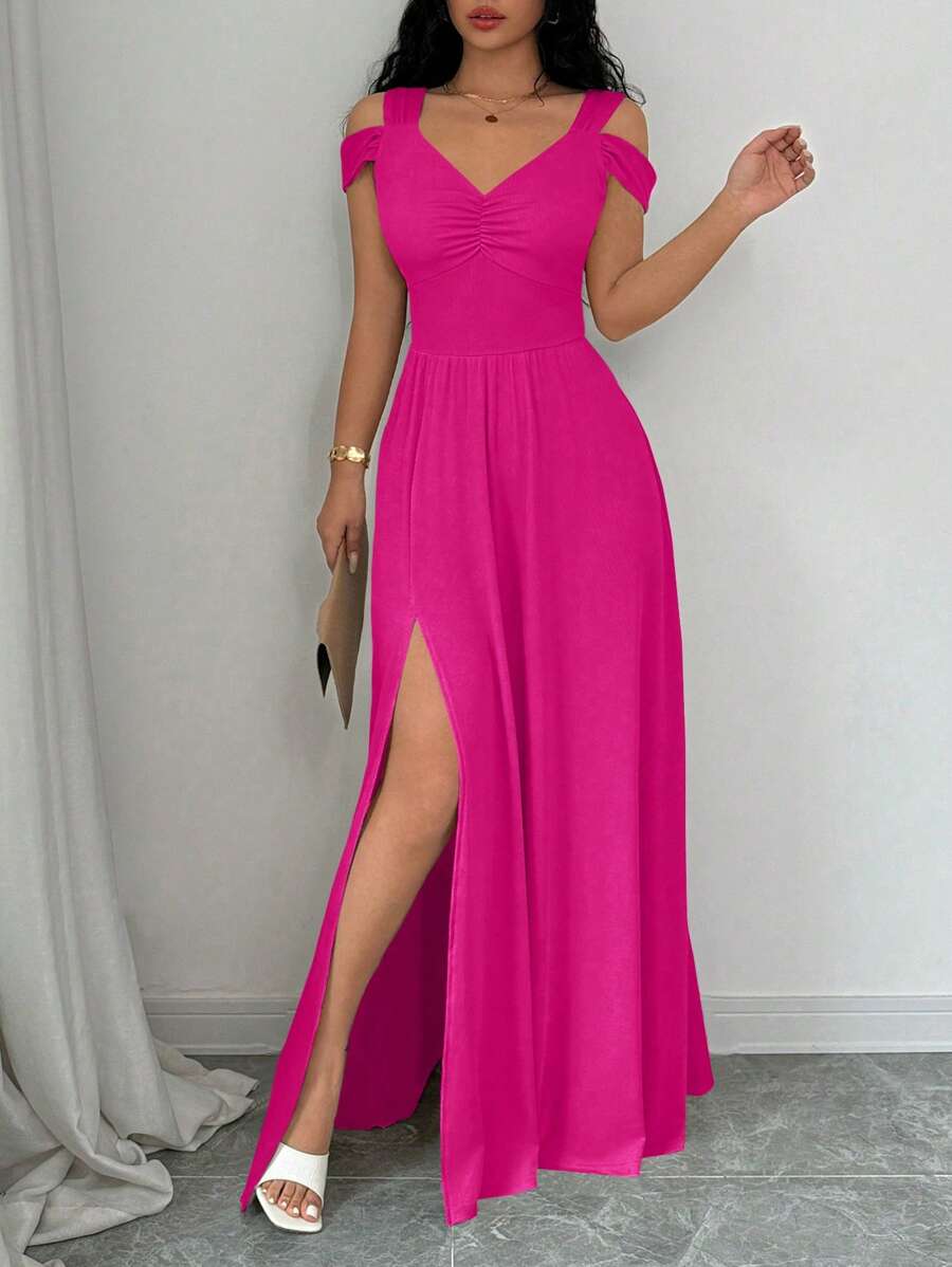 Rafferiza V-Neck Cinched Waist Retro Vintage Style Women Dress Fall Cloth For Women - Hot Pink - View 1