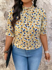 SHEIN LUNE Plus Size Women's Holiday Ditsy Floral Ruffle Collar Puff Sleeve Top - Multicolor - View 5