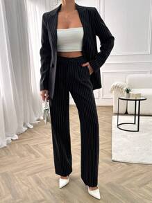 SHEIN Cottnline Elegant, Navy-Blue Suit, Striped Fabric, Button Jacket, Blazer Jacket, - Navy Blue - View 5