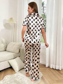 Collared Top Faux Silk Short Sleeve Top & Pants Pajama Set With Heart Design - Champagne - View 2