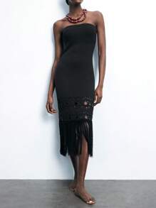 Maija Black Tassel Crochet Hemline Sweater Dress For Women, Strapless, Minimalist Design, Suitable For Summer, St. Patrick's Day, Spring Break, Easter - Black - View 4