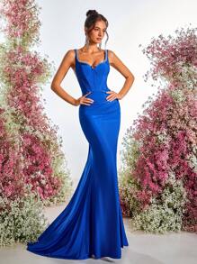 Glamrae 优雅奢华缀饰弹力针织面料褶皱开衩鱼尾裙，婚礼宾客礼服，适合婚礼、活动、派对、庆典、正式、派对礼服、晚礼服、长袍 - 寶藍色 - 查看 3