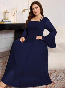 Modelyn 1 件女式大码荷叶边长袖系带修身雪纺连衣裙，春秋季长款女士装长款晚礼服