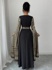 Calvaya Vestido largo de manga farol con cuello cuadrado minimalista y estampado de lámina, para primavera y verano