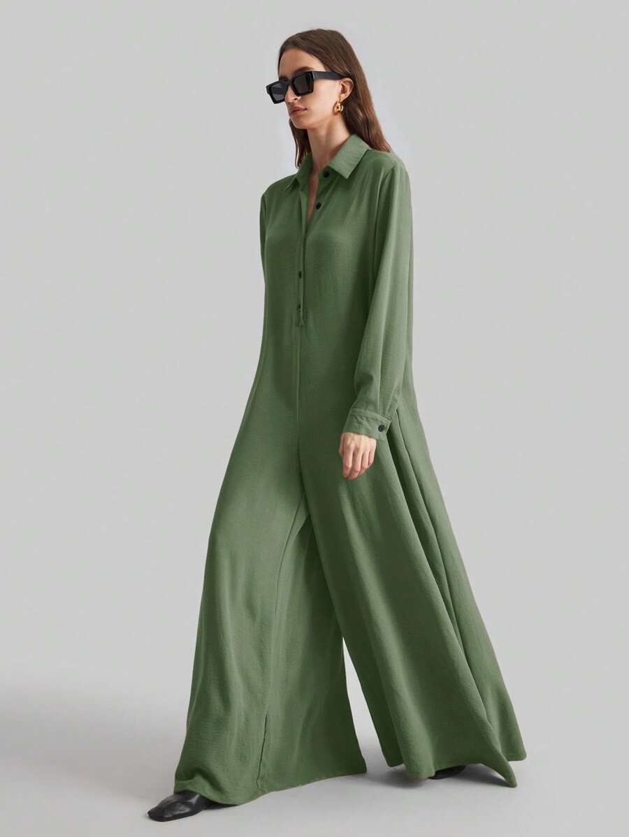 Ontre 女士黑色阔腿连体裤，时尚休闲宽松领口连体裤