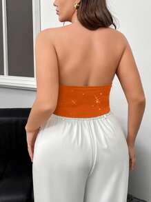 Firerie Plus Size Women Elegant Glitter Layered Ruffle Draped Neck Rhinestone Chain Strap Party, Wedding, Ball Cami Top, Suitable For Spring/Summer